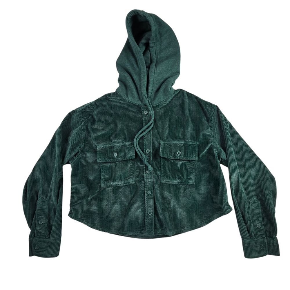 American Eagle Outfitters Hooded Cropped Corduroy Button Up Shirt Jacket